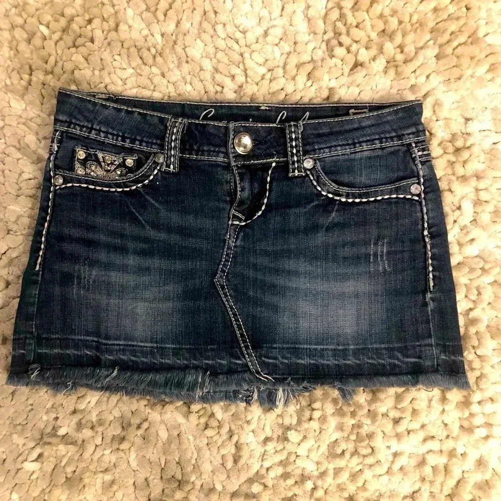 Grace In LA Bling Stretch Jean Crystal Embellished Distressed Frayed Skirt